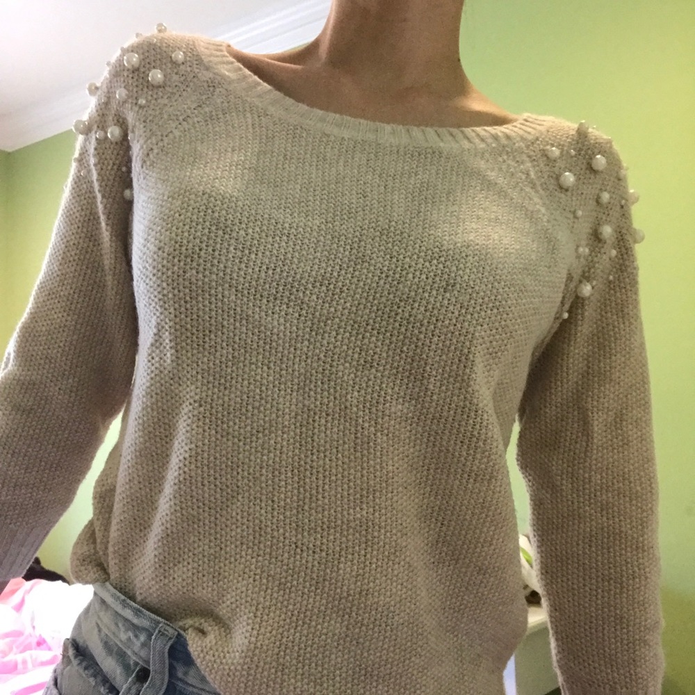 Cream sweater with shoulder pearl detailing